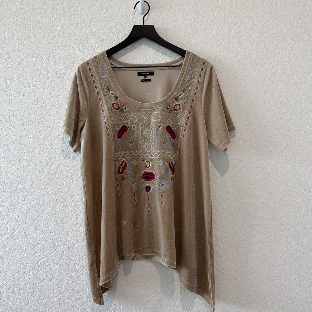 Miss Me Champagne Velvet Floral Western Boho Embroidered Shark Bite Top Large